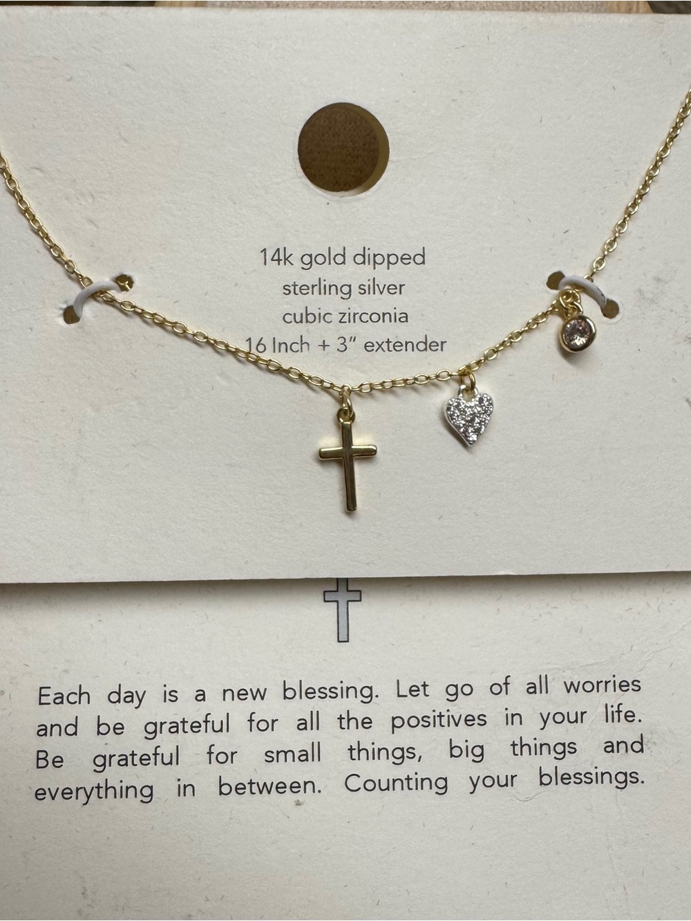 Gold Dipped Cross & Heart Charm Necklace - 14k Gold Dipped, Cz Accents